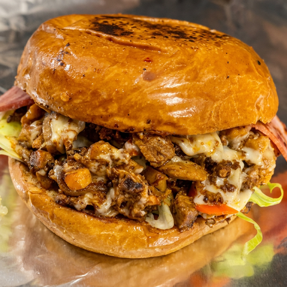 Loaded cheeseburger with a glossy toasted bun, seasoned beef, melted cheese, lettuce, tomato, and bacon on foil.