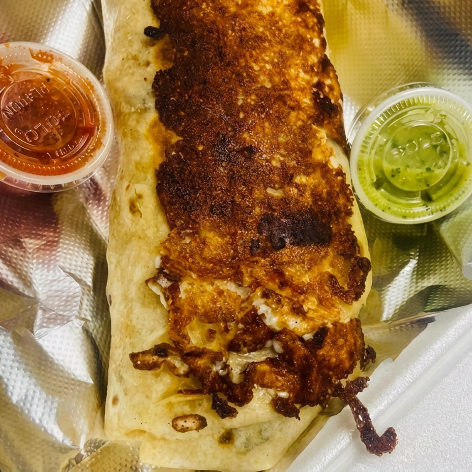 Crispy folded tortilla filled with browned cheese and meat, served with cups of red and green salsa on foil.