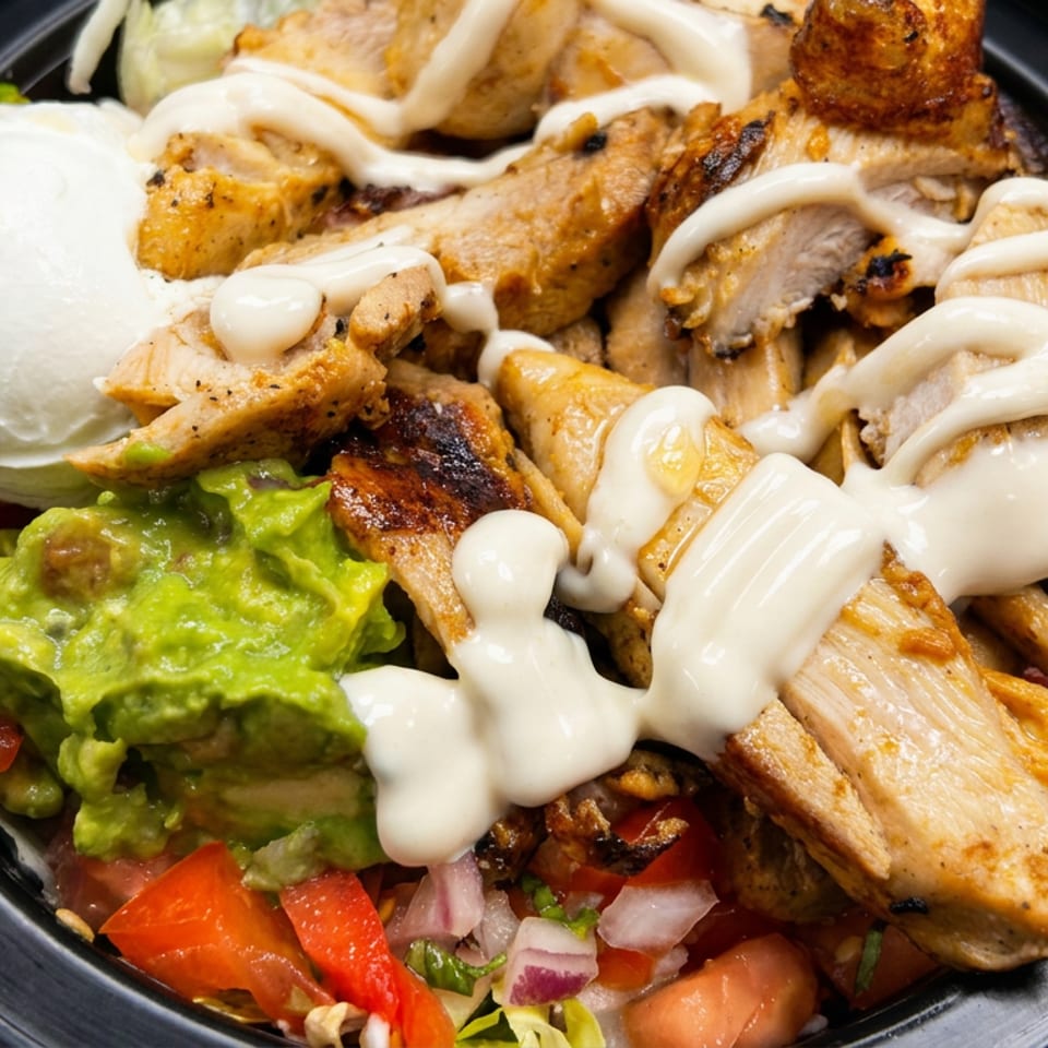 Grilled chicken bowl topped with creamy sauce, guacamole, sour cream, tomatoes, peppers, and onions.