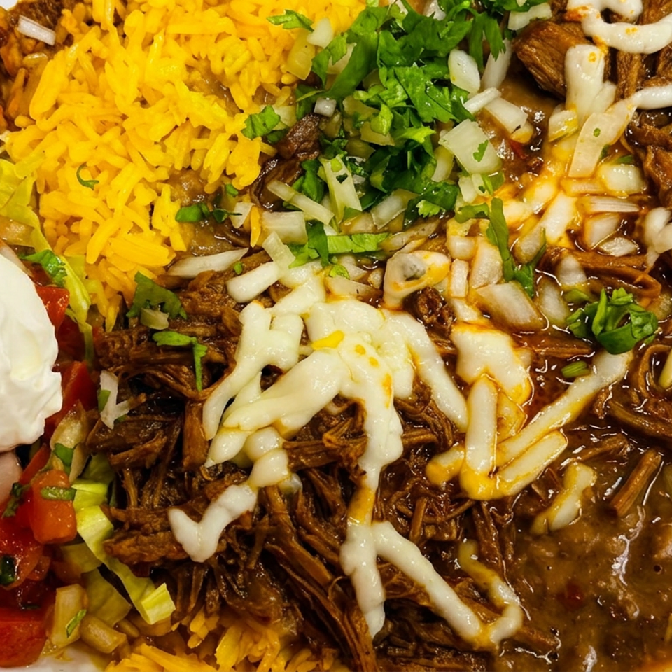 Close-up of a Mexican plate with yellow rice, shredded beef, refried beans, pico de gallo, cilantro, onions, and sour cream.