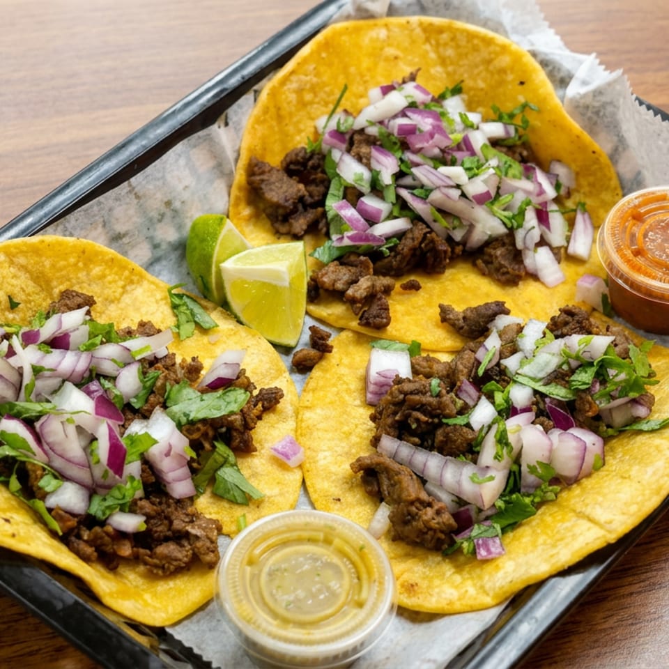 Three beef tacos topped with diced onions and cilantro, served with lime wedges and two salsa containers on a black tray.