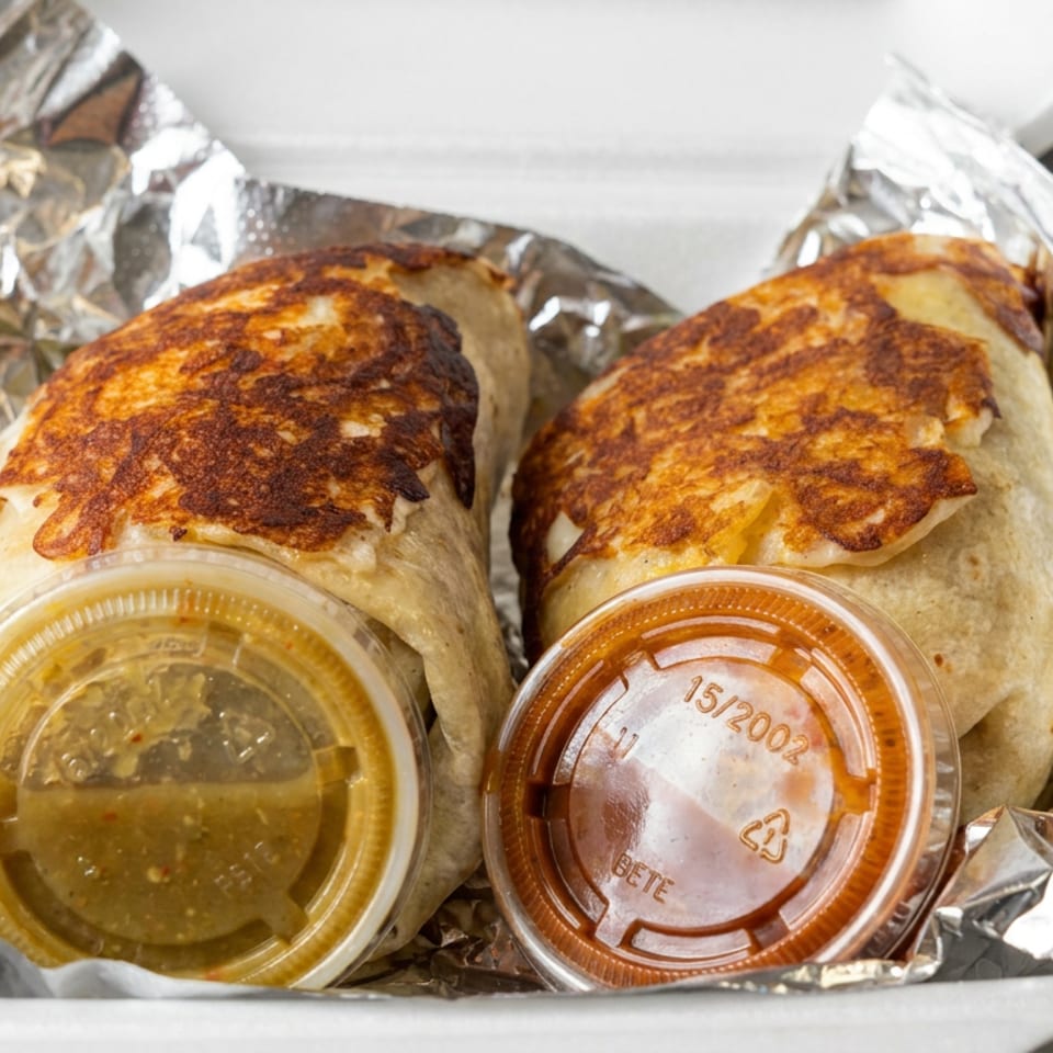 Two foil-wrapped, grilled burritos with browned cheese topping and two dipping sauces in a takeout container.