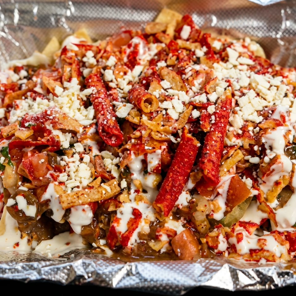 Loaded nachos with red tortilla chips, melted cheese, jalapeños, vegetables, and white cheese sauce in a foil tray.