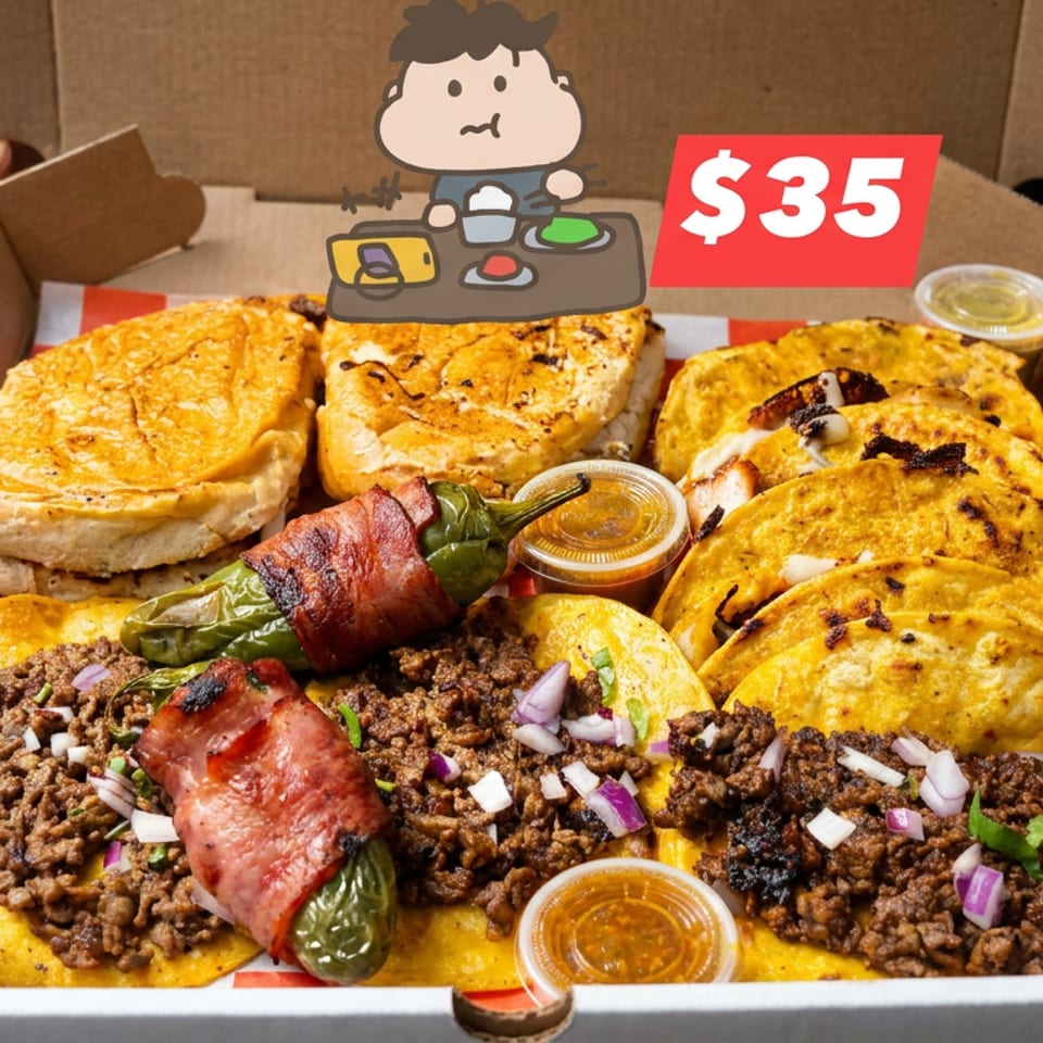 Open cardboard box filled with golden stuffed tortillas, seasoned meat, bacon-wrapped peppers, dipping sauces, and a cartoon $35 price label.
