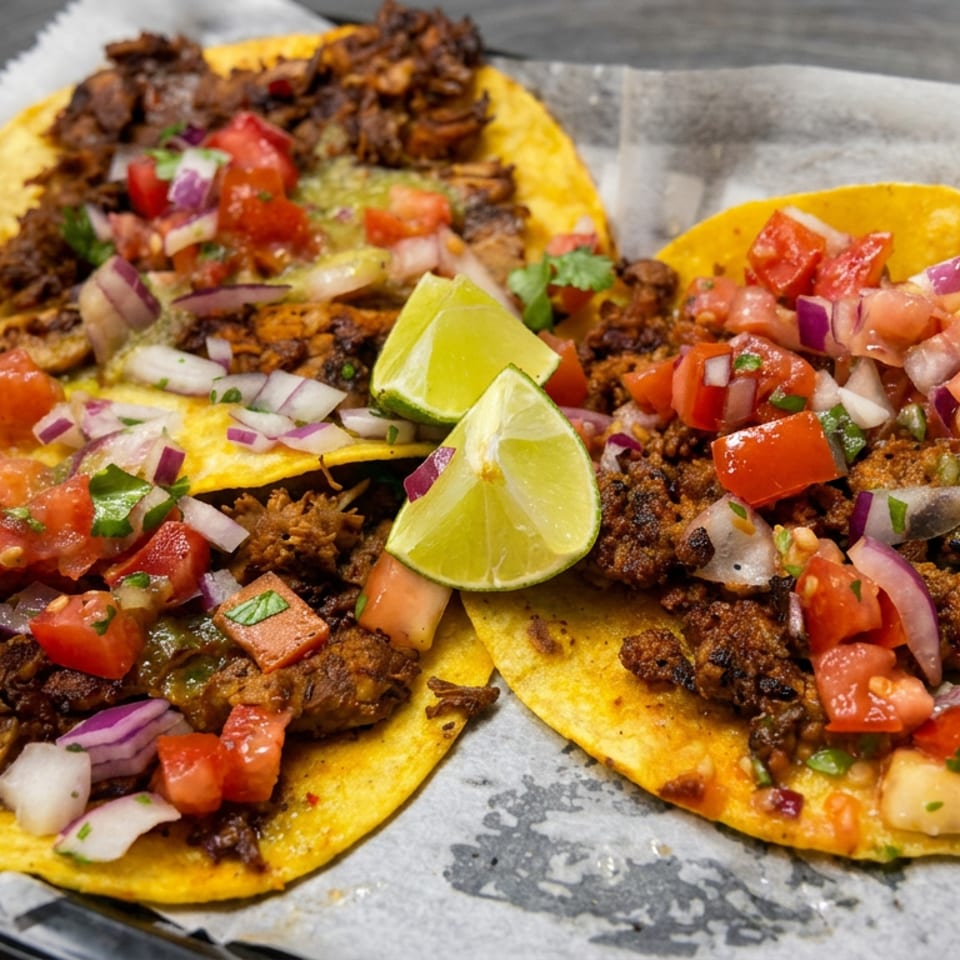 Three corn tacos topped with seasoned meat, pico de gallo, red onion, cilantro, and lime wedges on parchment paper.